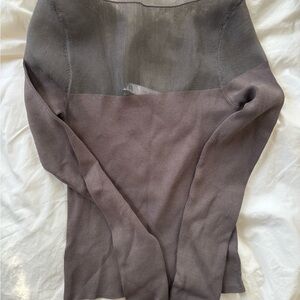 Zara Grey Ribbed Knit Top Sheer Detail